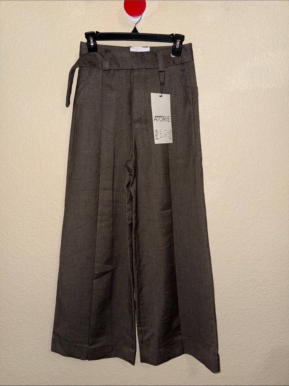 ATORIE Gray Wide Leg Pleated Belted Trousers Pants XS